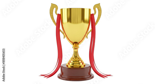 Shiny golden trophy with flowing red ribbons on a polished wood base