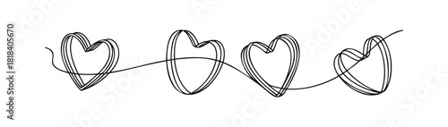 A continuous single line drawing forming multiple heart shapes in a row symbolizes interconnected love and affection perfect for romantic greetings or wedding invitations