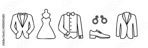 Elegant formal attire outlines including mens suits, a wedding gown, and various accessories, perfect for event planners, bridal shops, and luxury clothing promotions.