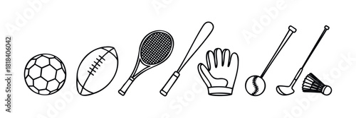 Collection of essential sports equipment including various balls a racket bat glove and club perfect for promoting fitness activities and athletic lifestyle content