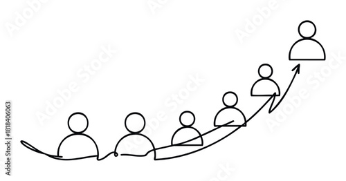 Simple line drawing depicting a group of people icons connected by an ascending arrow symbolizing career development, business growth, or team success for corporate presentations and