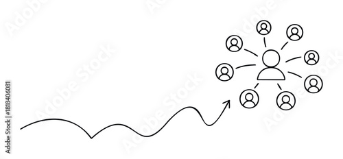 Outline sketch of a central person icon connected to a radial network of multiple user icons, featuring an upward curving arrow illustrating expanding connections and growth for business