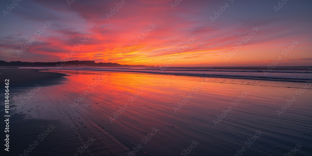 Fototapeta premium Sunset over a Basque Country beach with a vibrant red and orange sky reflected in water and sand, ideal for landscape backgrounds
