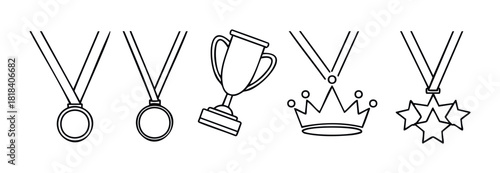 Collection of outline awards and achievement icons including medals, a trophy cup, and a crown for graphic resources, recognition, sports, and contest winner celebrations.