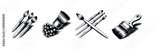 Various types of traditional handdrawn brushes for painting and application presented in an engraving style, perfect for creative projects and professional design applications.