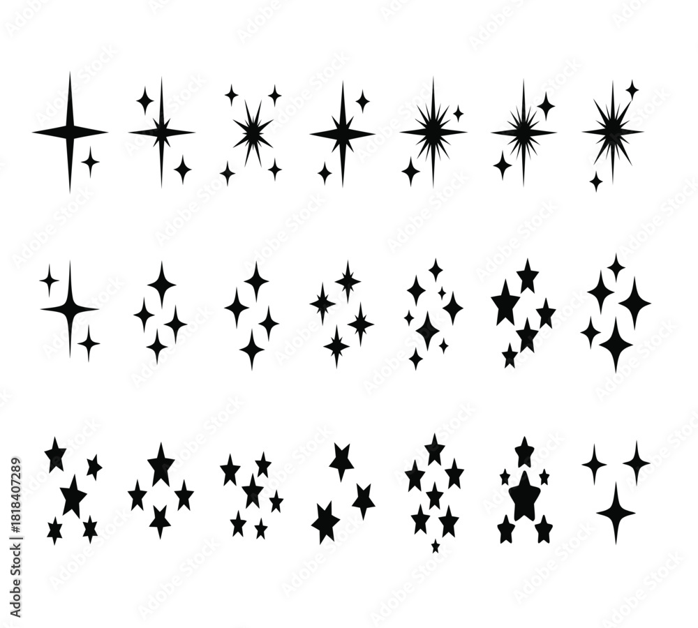 Naklejka premium Collection of black sparkle and star icons, various shapes and sizes, representing magic, celebration, and celestial elements