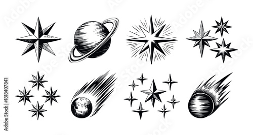 Set of hand drawn celestial bodies and navigation stars in a classic vintage engraving style perfect for astronomy themed projects space exploration graphics or decorative elements