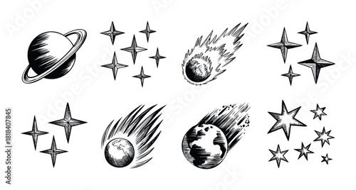 An engaging set of cosmic graphics depicting a ringed planet, various sparkling stars, and dynamic comets including Earth, ideal for educational science projects and space exploration