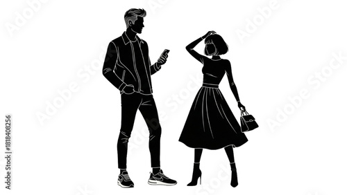 silhouettes of women and man posing fashion illustration on white background