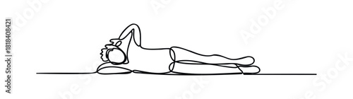 A minimalist continuous line drawing depicting a relaxed person resting on the ground, creating a modern and calming visual for wellness, lifestyle, and graphic design projects.