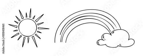 Cheerful hand drawn sun outline next to a playful rainbow with a cloud, perfect for kids activity books, school resources, or decorative projects
