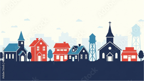Charming Townscape Silhouette Houses, Churches, and Water Towers Under a Cloudy Sky