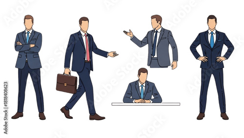 Diverse professional poses of elegant businessmen in formal suits, representing corporate leaders and financial experts in various dynamic business scenarios