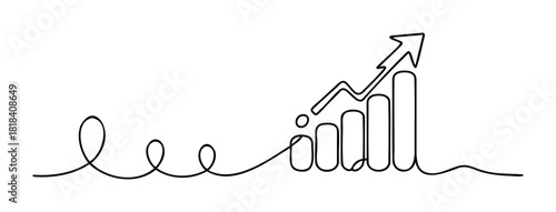Continuous line drawing depicting business growth and financial success with an upward trend arrow suitable for corporate presentations and economic reports
