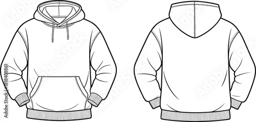 Classic Pullover Hoodie CAD Flat Drawing Vector Template, Front and Back View Technical Sketch with Kangaroo Pocket for Modern Apparel and Streetwear Design Mockup