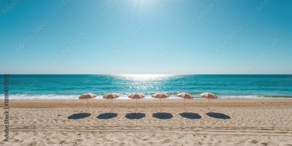 Fototapeta premium Colorful drink with umbrellas on a sandy beach, useful as a tropical holiday background
