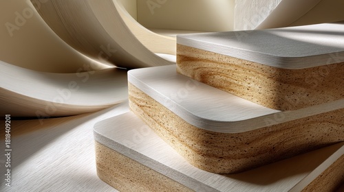 Layered plywood sheets create a unique abstract pattern with visible edge lines, adding texture and depth to the design. 