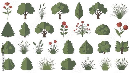 Collection of Green Tree, Bush, and Grass Vector Icons