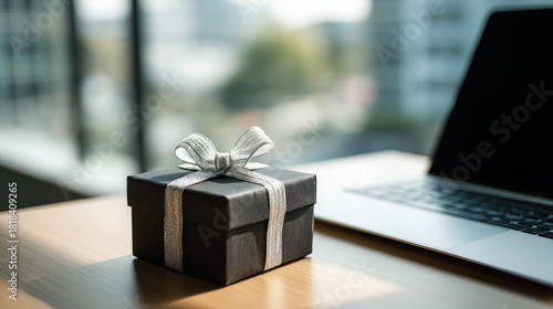 A laptop and a gift box from the Black Friday sale on an office table