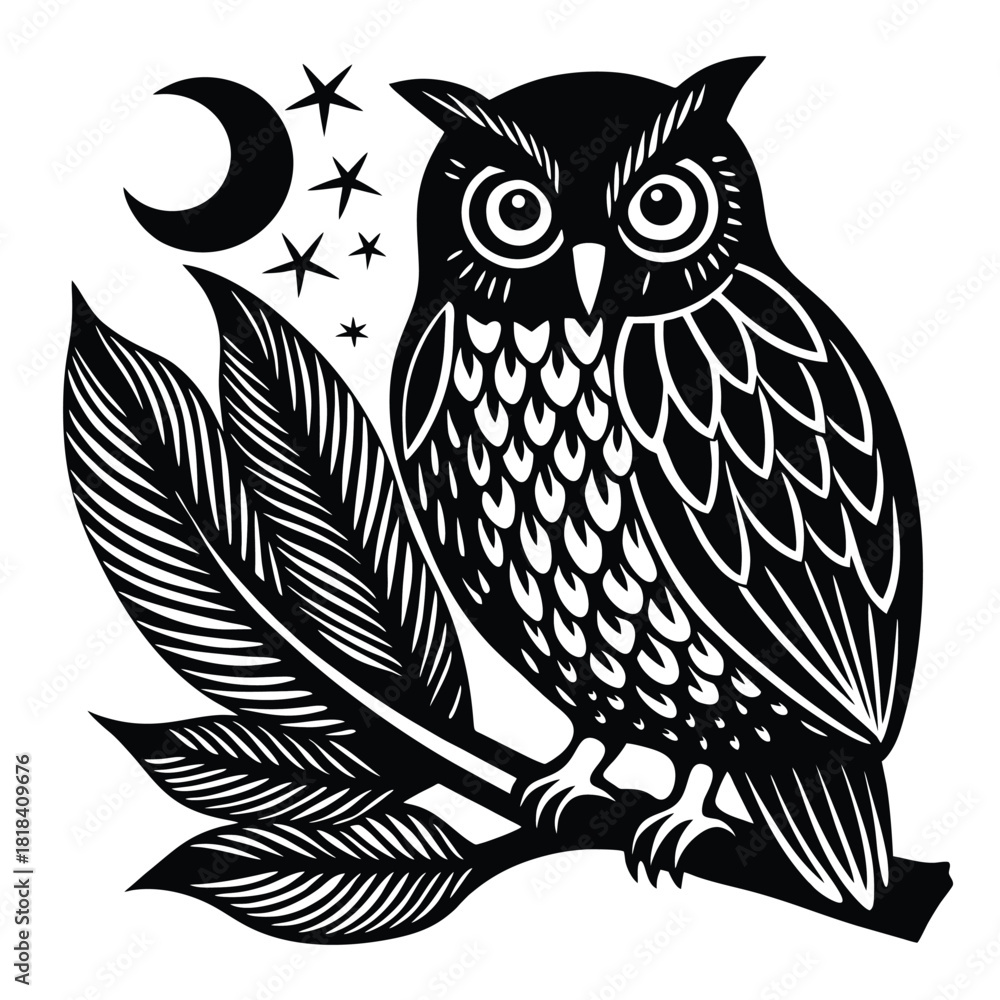 Naklejka premium design logo lino cut style illustration perched on branch the night