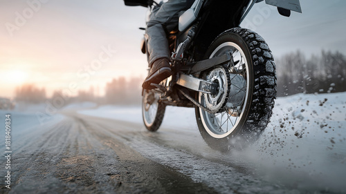 Motorcyclist rides on snowy road, rear wheel kicks up spray of slush. Dusky sky, bare trees in background. Off-road winter adventure concept