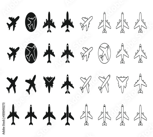 Set of airplane icons and silhouettes, showing various aircraft and flight directions, useful for aviation, travel, and transport