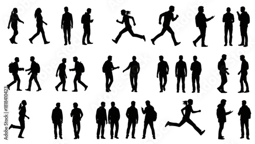 Silhouettes of people walking, running, and standing in various poses