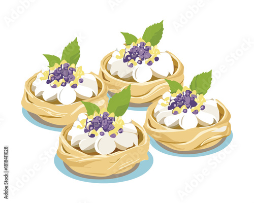 Fresh baked mini tarts with white cream and blackberry topping for sweet pastry snack and gourmet bakery food - Vector Illustration
