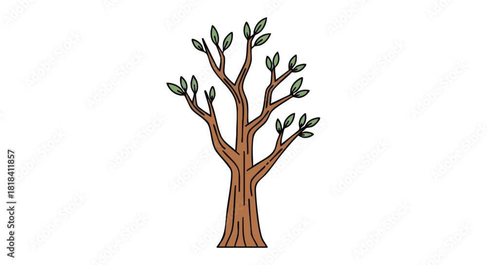 Fototapeta premium Stylized tree illustration with brown trunk and green leaves against a plain white background offering a clean and minimal design aesthetic