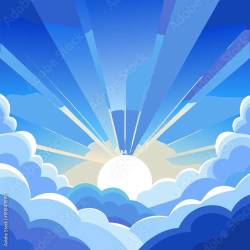 Bright sun bursting through stylized blue clouds with dramatic light rays