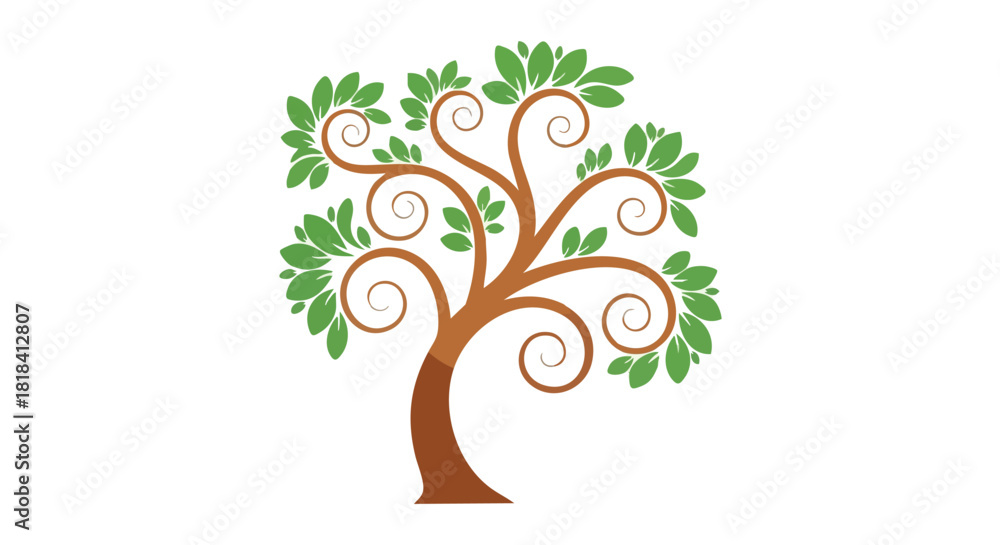 Obraz premium Whimsical tree illustration with stylized swirling branches and fresh green leaves set against a clean white background, perfect for versatile