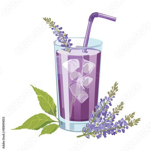Fresh refreshing purple lavender lemonade cocktail with ice cubes and straw served with herbal floral botanical elements - Vector Illustration