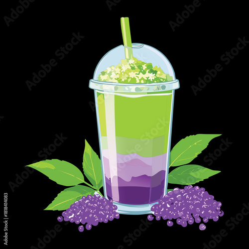 Healthy multicolored layered berry smoothie in takeaway cup with straw and fresh botanical leaves for organic fruit refreshment - Vector Illustration