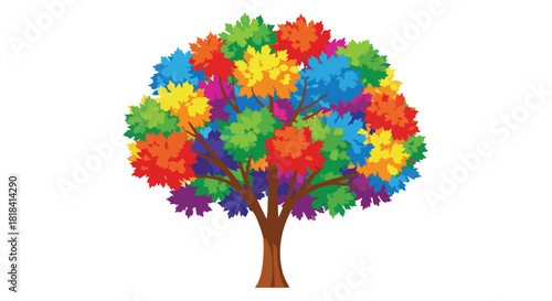 A vibrant tree with colorful foliage on a clean white backdrop showcases nature's artistry, adding a touch of whimsy and vibrant charm to any design