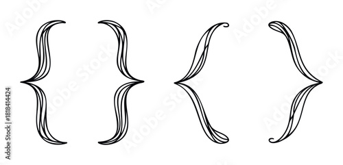 Stylized curly brackets and braces with elegant flowing lines presented in a row for unique document formatting and graphic projects
