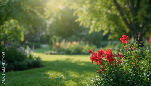 Fototapeta Naklejka Na Ścianę i Meble -  Arboretum in Bolestraszyce with lush summer foliage, serving as a natural background for floral displays, Earth Day