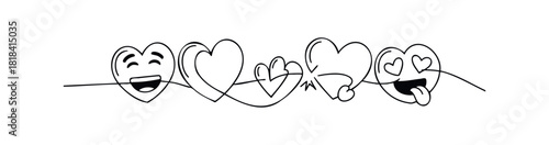 Line drawing of hearts with happy faces and playful expressions connected by a single line symbolizing connection and joy, perfect for greeting cards or social media posts.