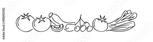 Simple line art depiction of fresh vegetables and fruits including tomatoes, banana, lemon slice, cherries, and leafy greens for healthy eating concepts.