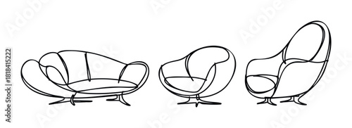 Collection of modern abstract furniture pieces, iconic lounge chairs and sofa, perfect for interior concepts and minimalist decor applications.