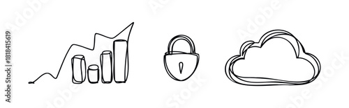 Abstract line drawings represent growth charts, security locks, and cloud computing, perfect for technology and business presentations.