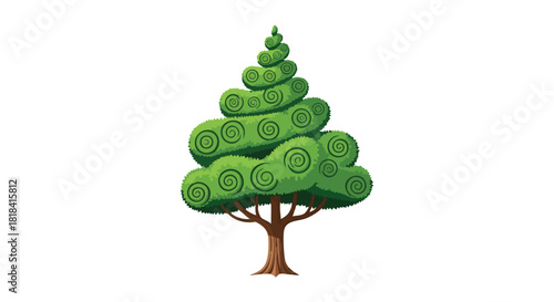 Stylized Arboreal Sculpture: Whimsical Topiary Tree with Swirling Green Foliage and Brown Trunk on a White Background