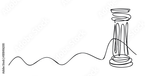 Single continuous line drawing of a winding wave leading to a stylized pillar with coils and vertical lines, ideal for abstract graphics and symbolic representations.
