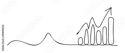 Simple continuous line drawing representing a growing trend with ascending bars and an upward pointing arrow, suitable for finance and business growth concepts.