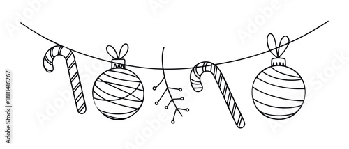 Festive holiday garland featuring candy canes, ornaments, and a sprig, perfect for seasonal promotions and winter celebrations