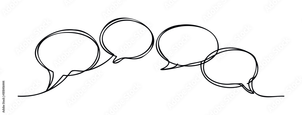Naklejka premium Minimalist single line drawing of four interconnected speech bubbles conveying conversation and communication for abstract messaging themes.