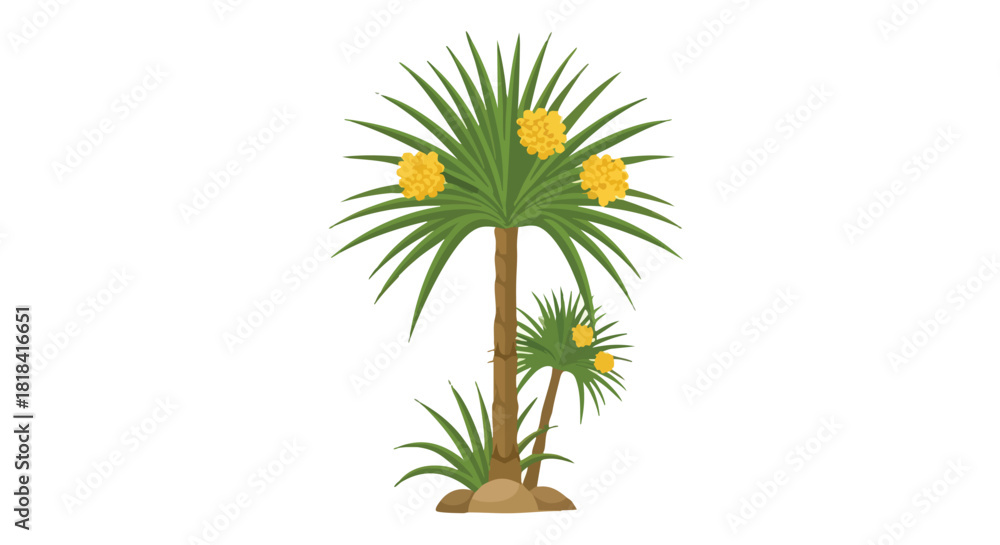 Obraz premium A whimsical rendition of a palm tree adorned with spherical golden flowers, creating a lighthearted and summery ambiance in a clean, stylized design