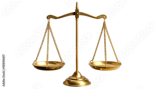 Golden scales of justice, empty pans, centered, against a pure black background