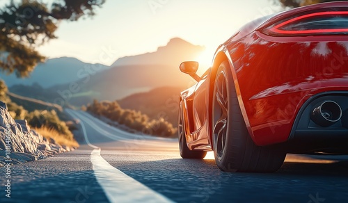 Close up of red sports car driving on road in mountains at sunset from rear view luxury car concept with copy space