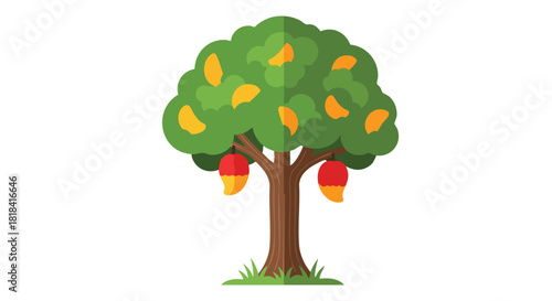 A vibrant cartoon illustration of a mango tree showcasing lush green foliage and ripe fruits against a clean white background