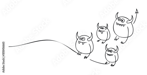 Four playful little monsters with horns smiling and looking curious in a linear graphic for playful concepts.